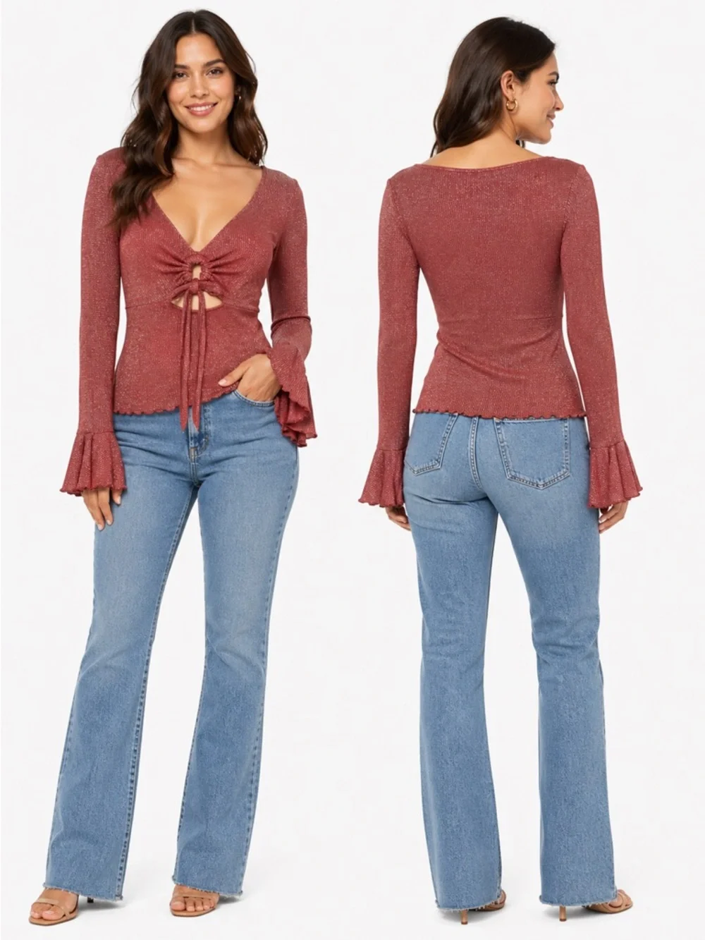 Free People Say When Metallic Gold Mauve Red Rust V-Neck Keyhole Bell Sleeve Top